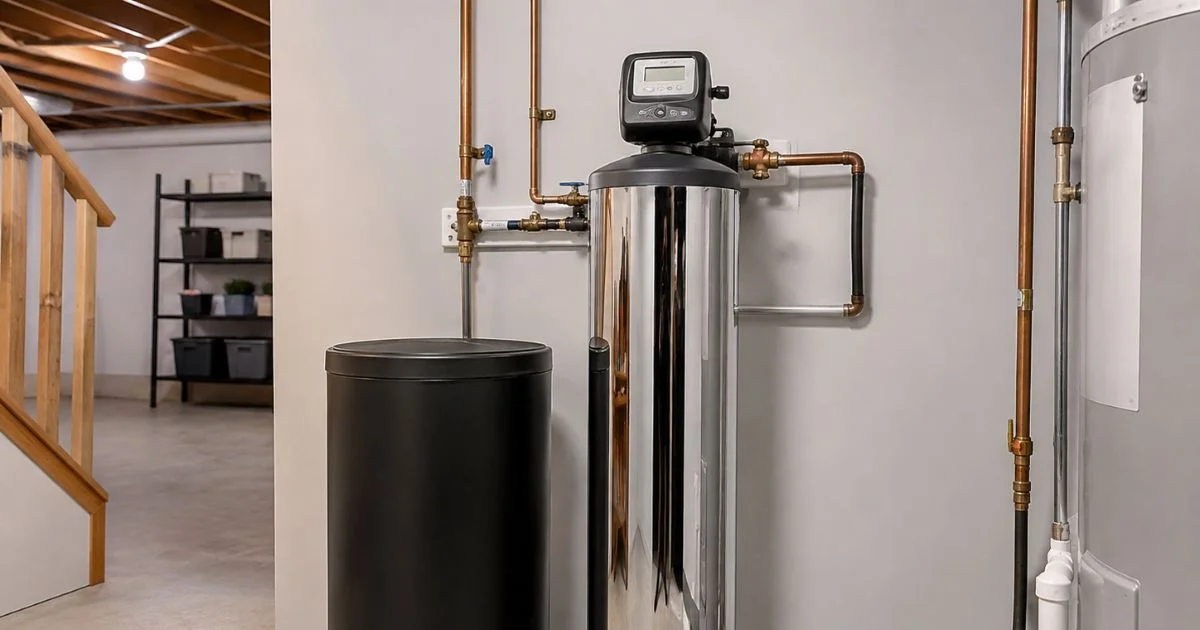 Residential water softener system installed beside a water heater.